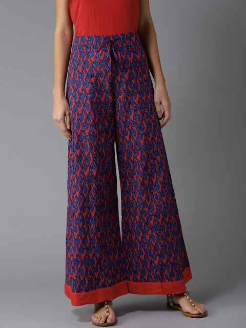 

HERE&NOW Women Navy & Red Printed Flared Palazzos, Navy blue