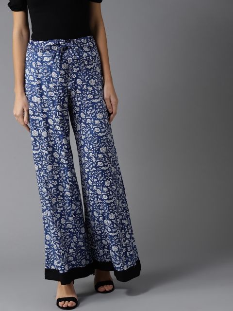 

HERE&NOW Women Navy & White Printed Flared Palazzos, Navy blue