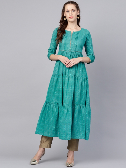 

Nayo Women Turquoise Green Printed Tiered A-Line Kurta, Turquoise blue