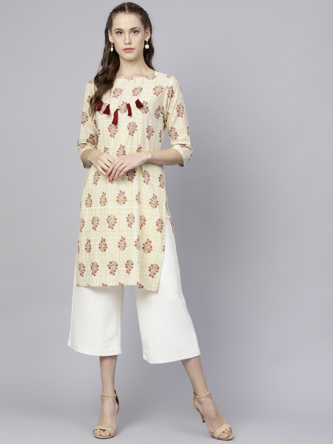 

Nayo Women Off-White & Mustard Yellow Printed Straight Kurta