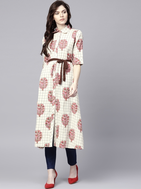 

Nayo Women Off-White & Pink Printed Straight Kurta