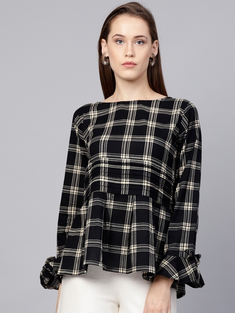 

Nayo Women Black & Off-White Checked Styled Back Top