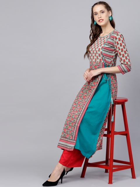 

Nayo Women Red & Sea Green Printed Layered A-Line Kurta