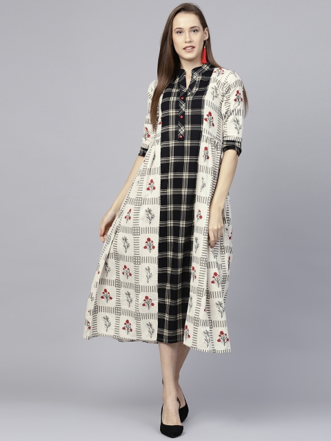

Nayo Women Off-White & Black Printed Midi A-Line Dress
