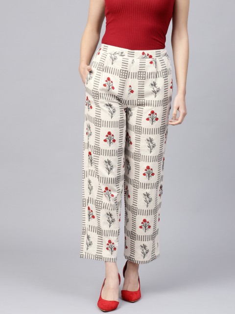 

Nayo Women Off-White & Grey Printed Straight Palazzos
