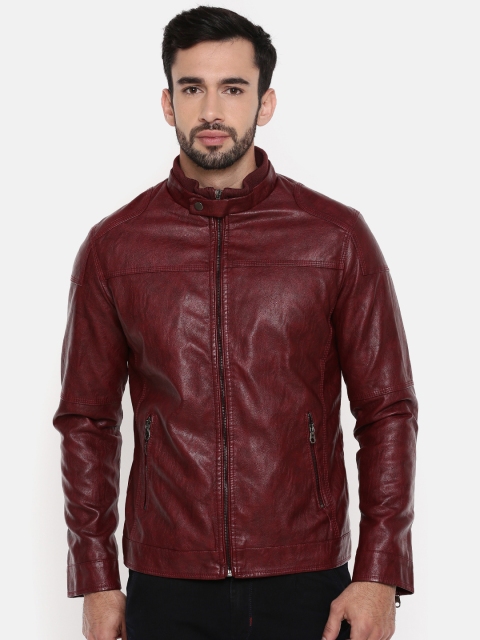 

The Indian Garage Co Men Red Solid Leather Jacket