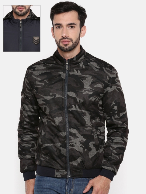 

The Indian Garage Co Men Navy Blue & Grey Camouflage Printed Reversible Bomber Jacket