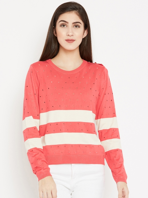 

Madame Women Coral Orange & White Striped Sweater