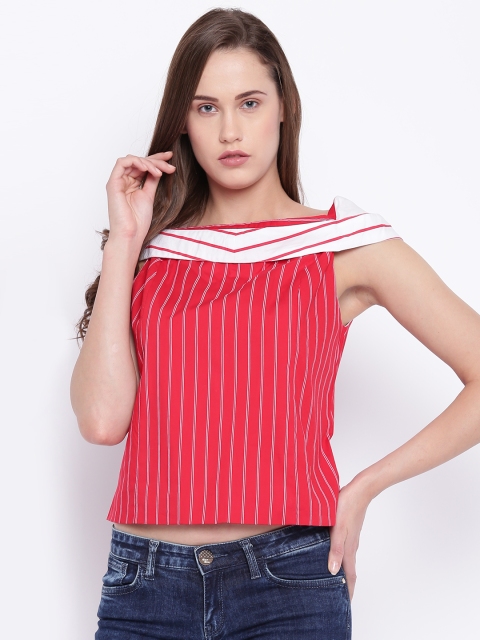 

Madame Women Red & White Striped Bardot Top