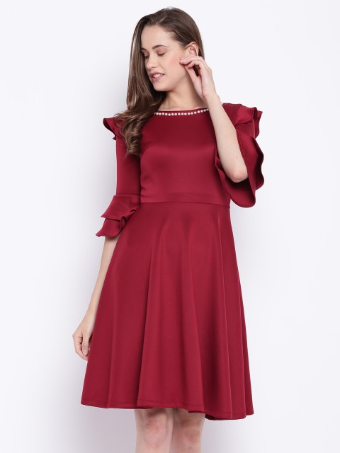 

Madame Women Maroon Solid Fit and Flare Dress