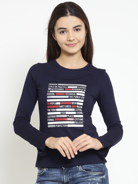 

Madame Women Navy Blue Printed Round Neck T-shirt