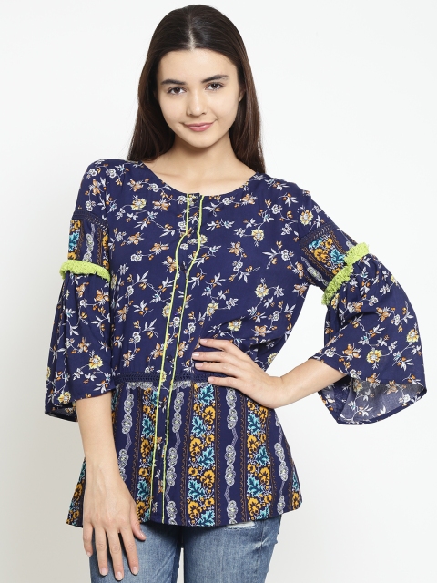 

Madame Women Navy Blue & White Printed Shirt Style Top