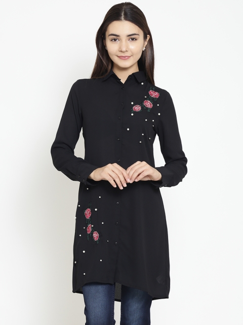 

Madame Women Black Regular Fit Applique Longline Casual Shirt