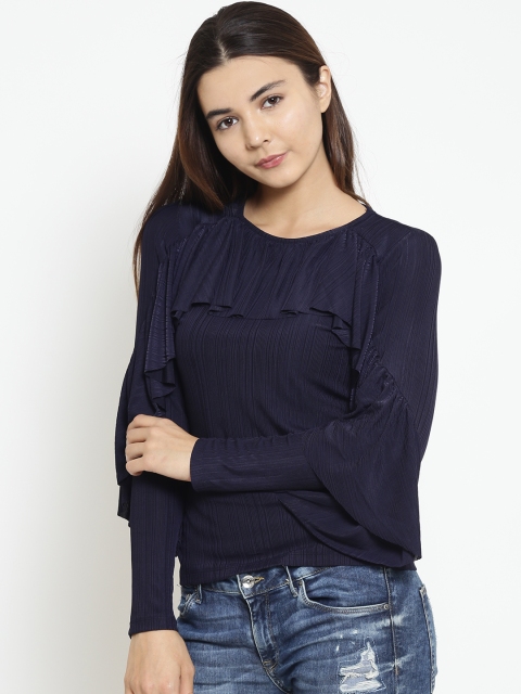 

Madame Women Navy Blue Solid Ruffled Top