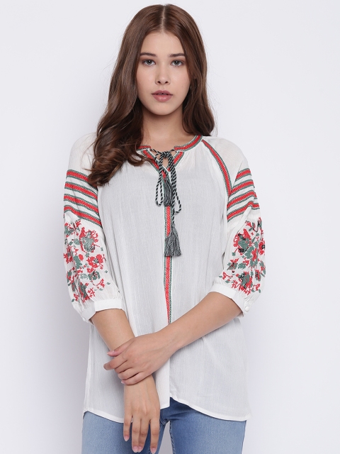

Madame Women White Solid Pure Cotton Top with Embroidered Detail