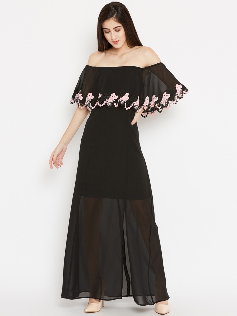 

Madame Women Black Solid Semi Sheer Off-Shoulder Maxi Dress