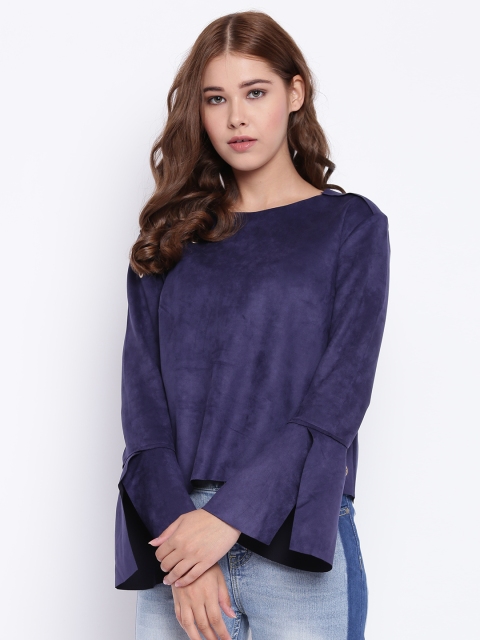 

Madame Women Navy Blue Solid Suede Finish Top