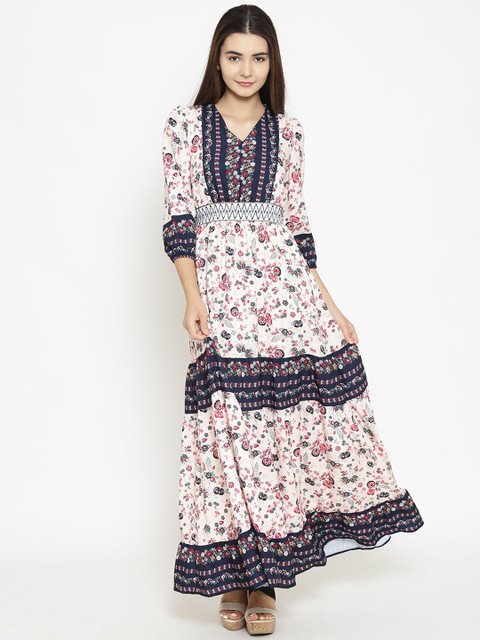 

Madame Women Cream-Coloured & Navy Printed Maxi Dress