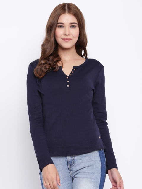 

Madame Women Navy Blue Solid Round Neck T-shirt