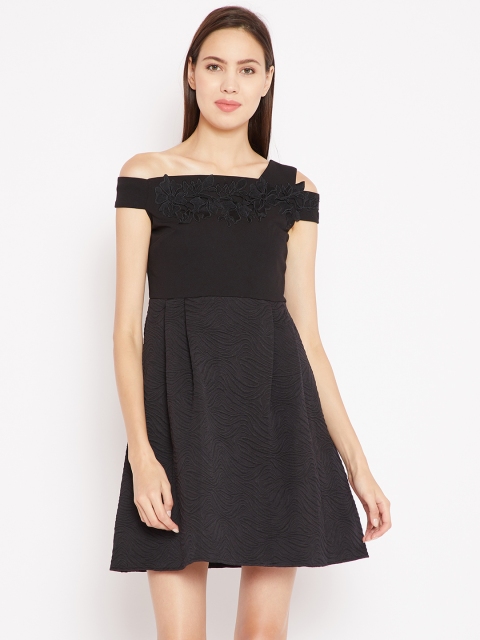 

Madame Women Black Self-Design Off-Shoulder Fit & Flare Dress