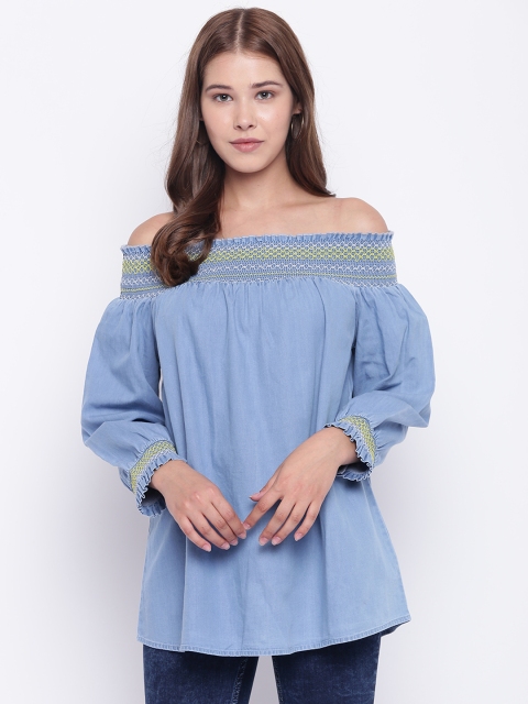 

Madame Women Blue Solid Chambray Bardot Top