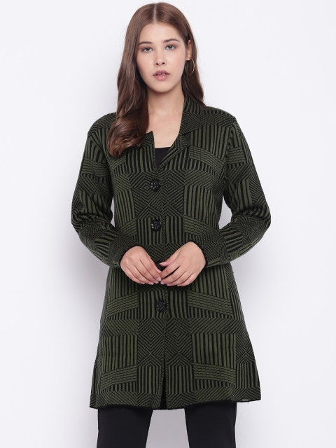 

Madame Women Olive Green & Black Self Design Longline Cardigan