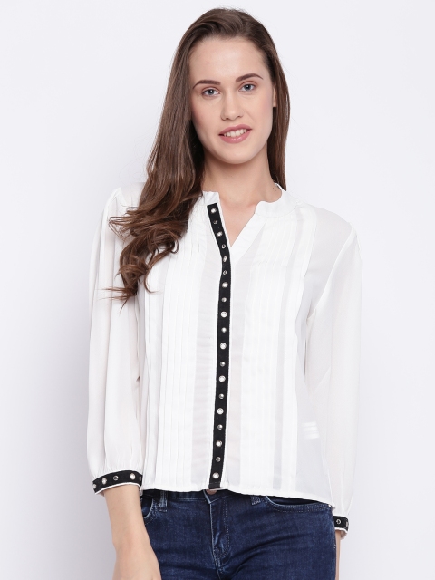 

Madame Women White Solid Semi Sheer Casual Shirt