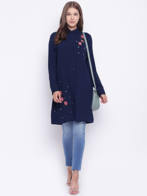 

Madame Women Navy Blue Regular Fit Embroidered Longline Casual Shirt