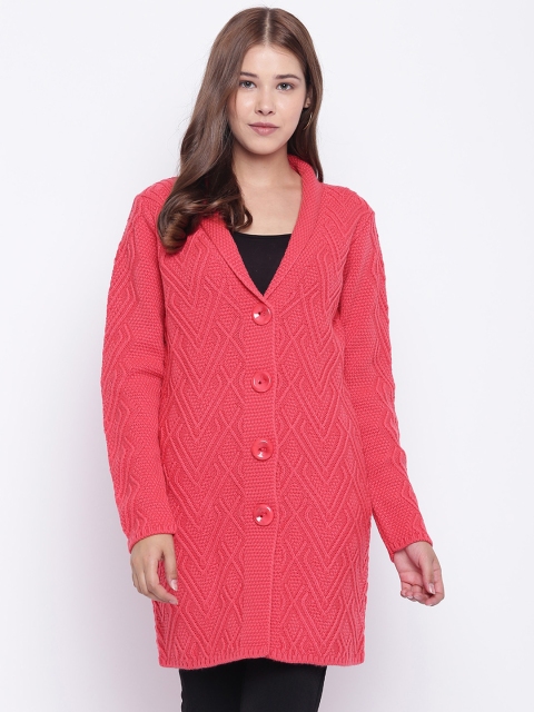 

Madame Women Coral Pink Self Design Longline Cardigan