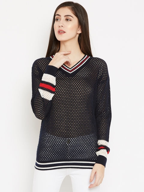 

Madame Women Navy Blue Open-Knit Pullover