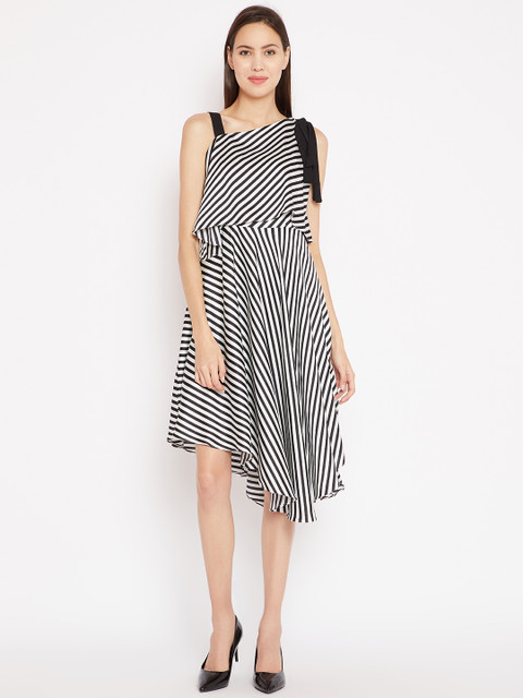 

Madame Women Black & White Striped Layered Fit & Flare Dress