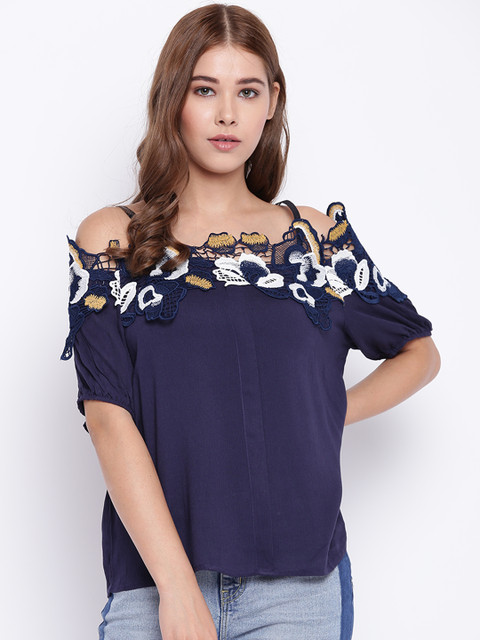 

Madame Women Navy Blue Solid Bardot Top