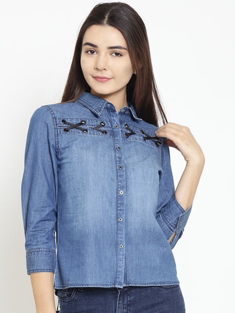 

Madame Women Blue Chambray Faded Regular Fit Solid Casual Shirt