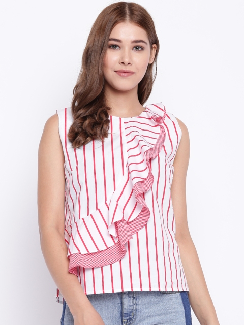 

Madame Women White & Red Striped Pure Cotton Top