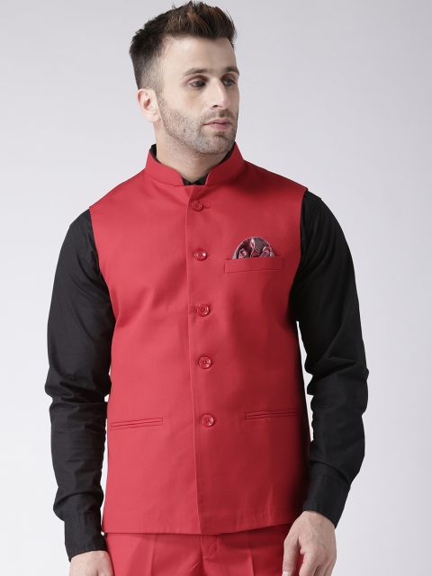 

Hangup Men Red Solid Nehru Jacket