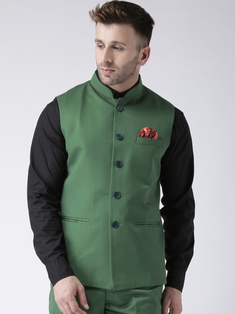 

Hangup Men Green Solid Nehru Jacket