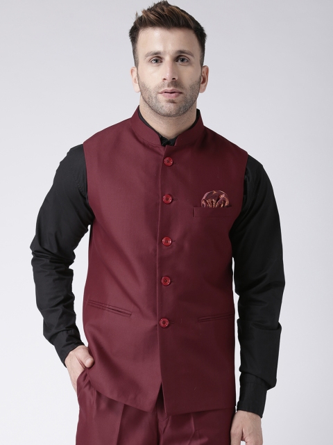 

Hangup Men Maroon Solid Nehru Jacket