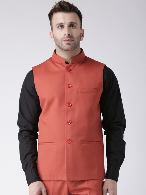 

Hangup Men Rust Orange Solid Nehru Jacket