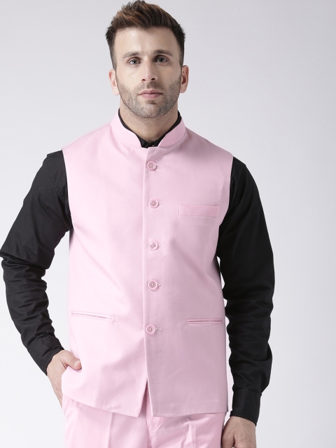 

Hangup Men Pink Solid Nehru Jacket
