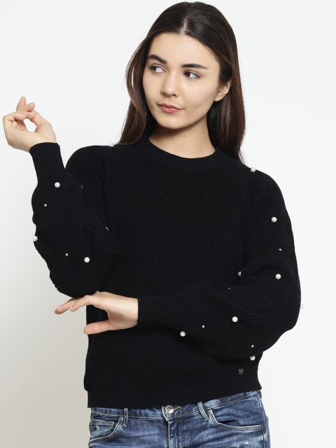 

Madame Women Self-Striped Pullover, Black