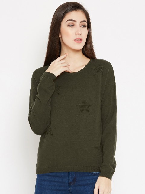 

Madame Women Olive Green Self Design Pullover