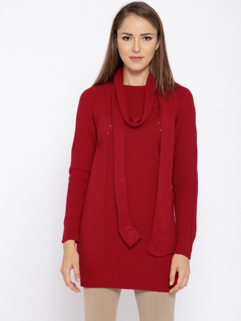 

Madame Women Red Solid Longline Sweater with Stole
