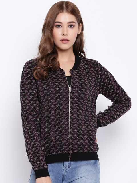 

Madame Women Aubergine & Black Self Design Cardigan, Purple