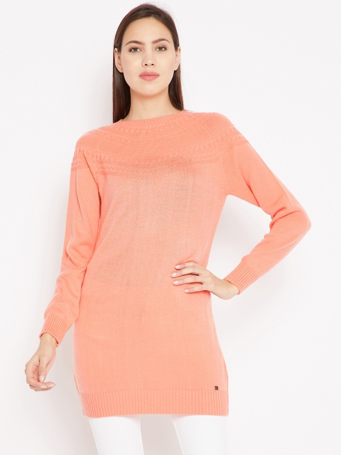 

Madame Women Peach-Coloured Solid Longline Sweater