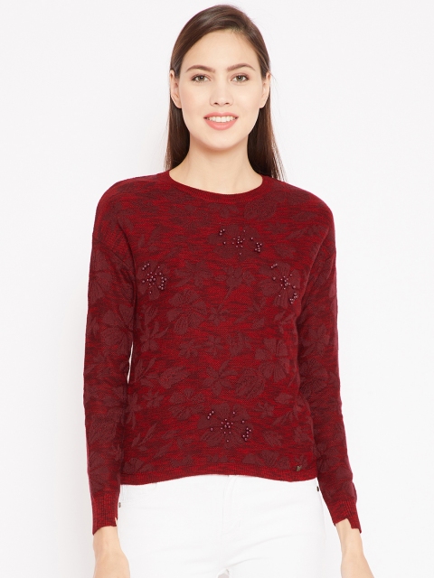 Madame Women Maroon Self Design Pullover