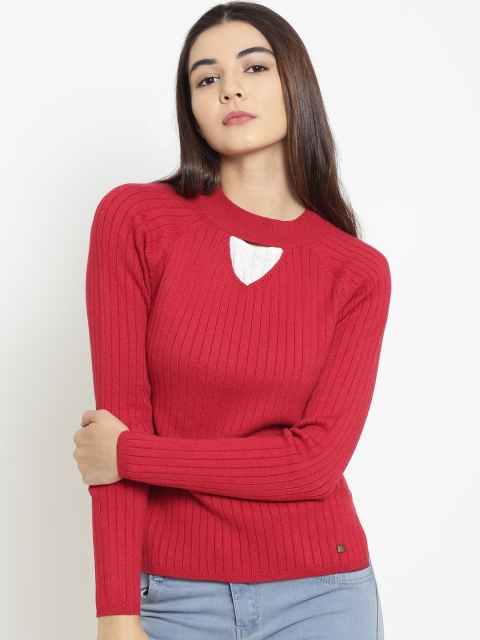 

Madame Women Red Ribbed Pullover