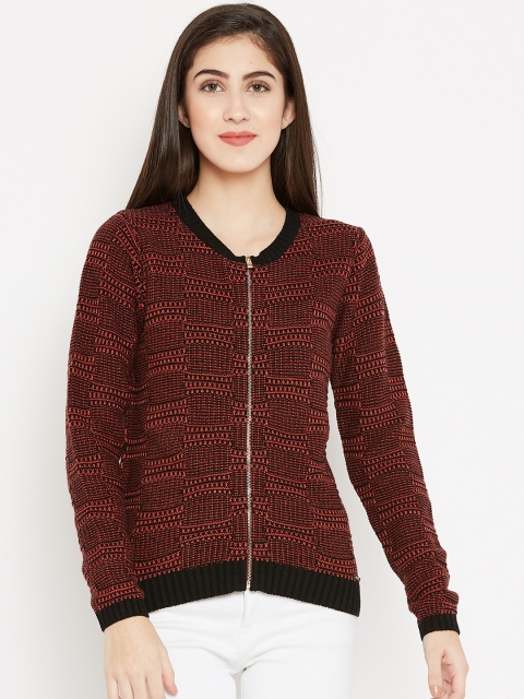 

Madame Women Rust Red & Black Self Design Cardigan