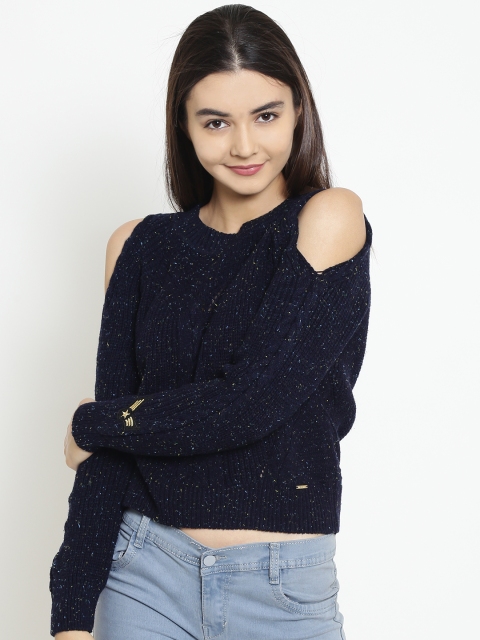 

Madame Women Navy Blue Self Design Crop Pullover