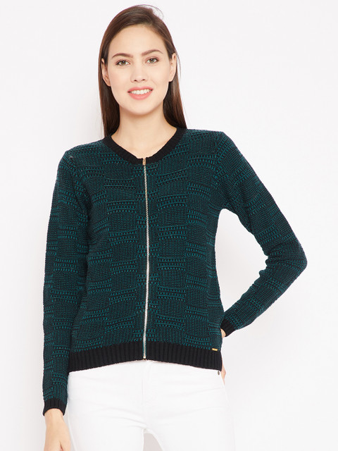 

Madame Women Green & Black Self Design Cardigan