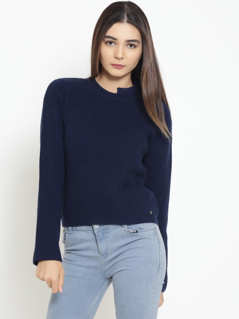 

Madame Women Navy Blue Solid Pullover